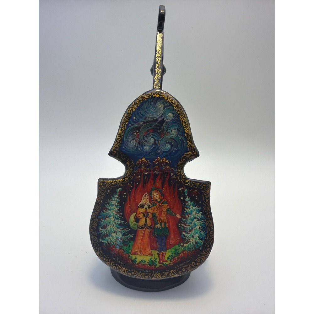 Russian Lacquer Box Violin Shape Hand Painted Folk Art 12 Months Fairy Tale
